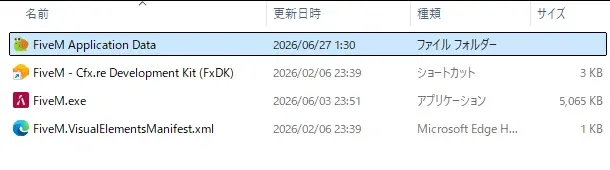 FiveMアイコンから「ファイルの場所を開く」で表示されるフォルダ。「FiveM Application Data」を開く