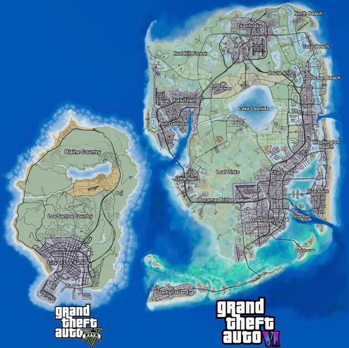 GTA5（左）とGTA6（右）のマップを並べた、ファン制作の比較画像。GTA6側にはVice PointやPort Gellhornなど推測による地名が書き込まれている