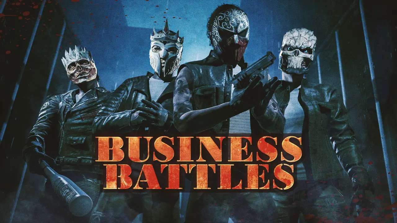 「BUSINESS BATTLES」と書かれた公式キーアート。ドクロや王冠をあしらったマスクをかぶった4人が武器を手に並んでいる