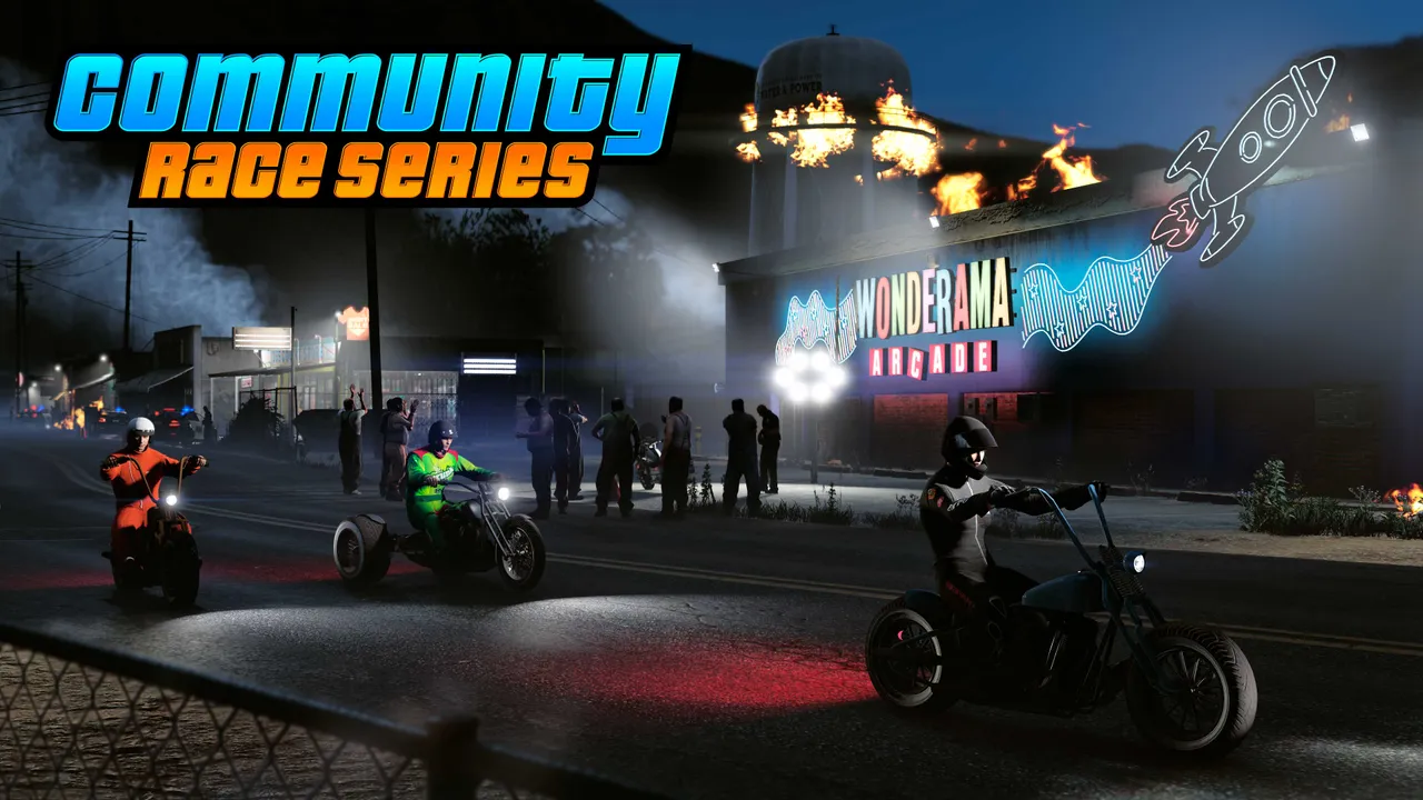 「COMMUNITY RACE SERIES」と書かれた公式キーアート。炎上する建物とWONDERAMA ARCADEのネオンを背に、3台のバイクが夜の路上に並んでいる