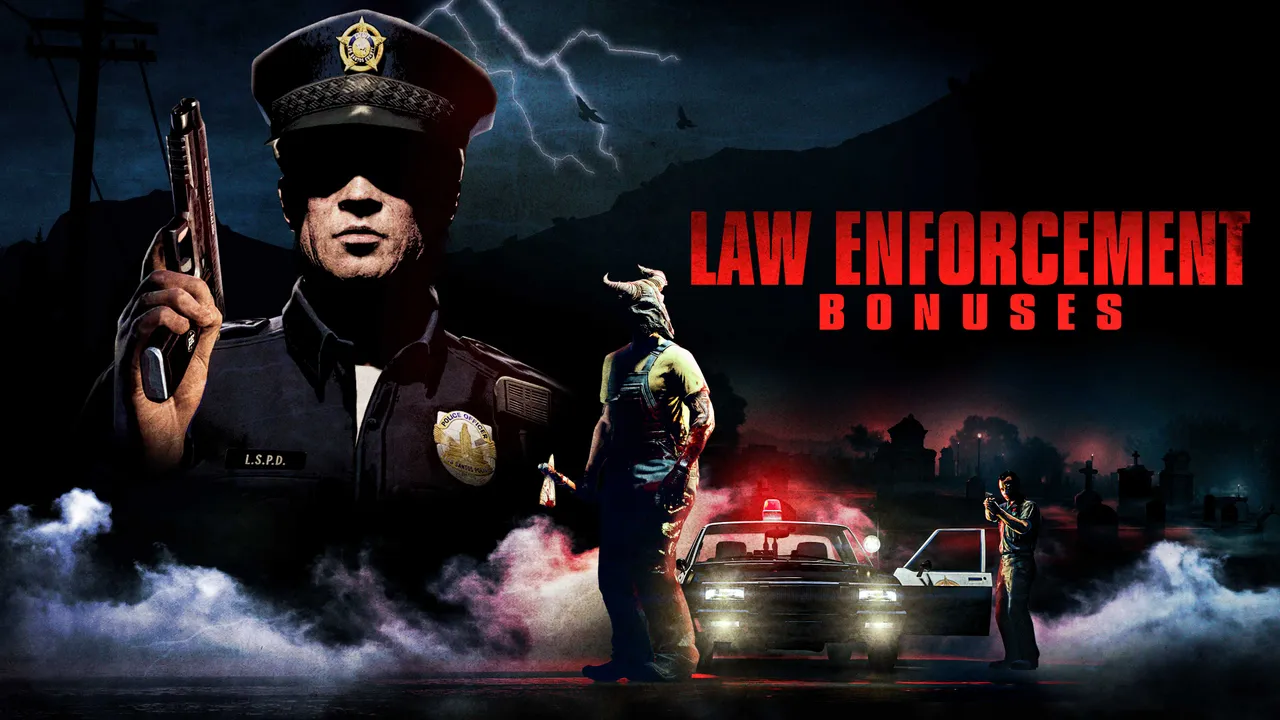 「LAW ENFORCEMENT BONUSES」と書かれた公式キーアート。ゾンビ風のメイクをした警官が拳銃を構え、背後にパトカーと墓地が見える