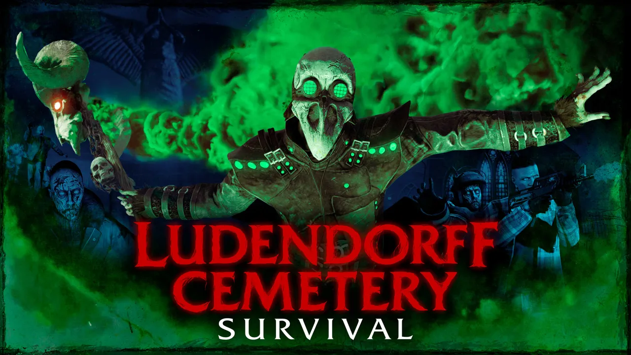 「LUDENDORFF CEMETERY SURVIVAL」と書かれた公式キーアート。緑の煙を背にした鳥のマスクの人物が両腕を広げ、周囲にゾンビや武装した人物が並んでいる