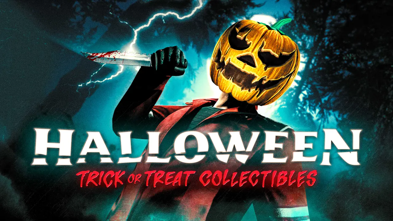 「HALLOWEEN TRICK OR TREAT COLLECTIBLES」と書かれた公式キーアート。かぼちゃの被り物をしたキャラクターが血の付いたナイフを持ち、稲妻の走る夜の森を背にしている