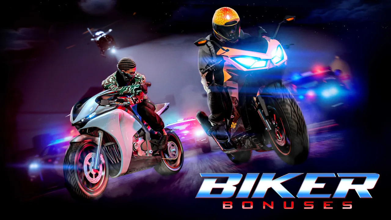 GTA Onlineの「BIKER BONUSES」の公式キーアート。夜の道路をバイク2台が走り、後方にはパトカーとヘリコプターが迫っている