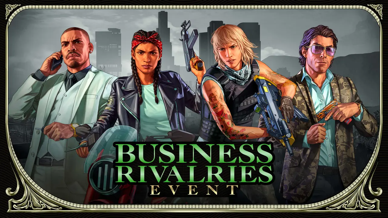 GTA Onlineの「BUSINESS RIVALRIES EVENT」の公式キーアート。スーツ姿のCEO、革ジャンのバイカー、武装した人物、派手なジャケットの男性の4人が並んでいる