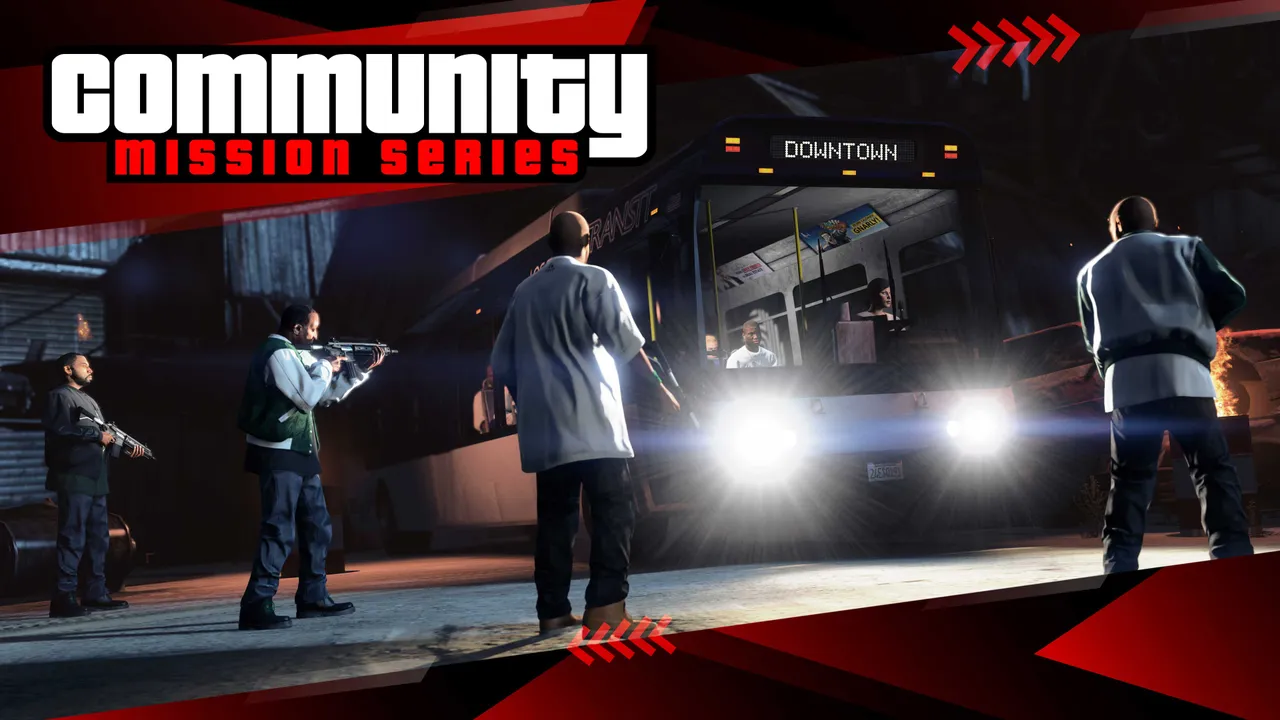 GTA Onlineの「COMMUNITY MISSION SERIES」の公式キーアート。夜の倉庫のような場所で、バスの前に武装した4人の人物が立っている