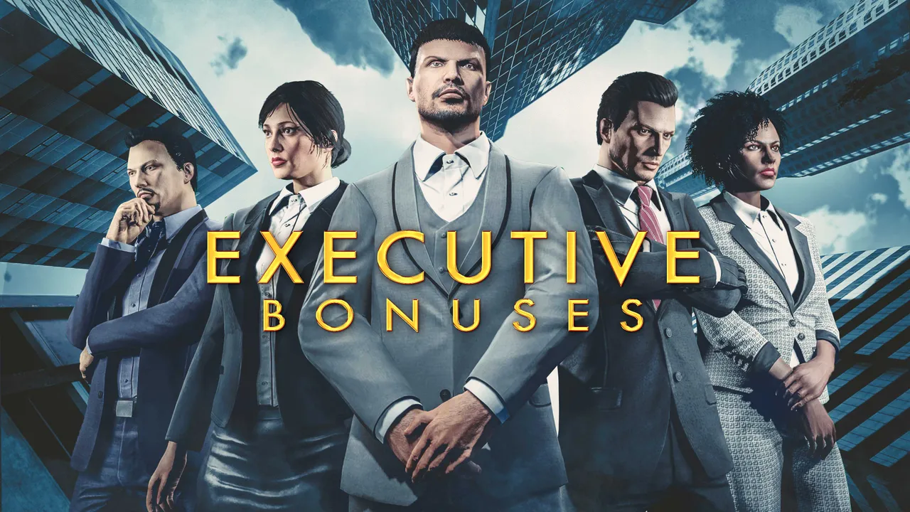 GTA Onlineの「EXECUTIVE BONUSES」の公式キーアート。高層ビルを見上げる構図で、スーツ姿の5人が並んでいる