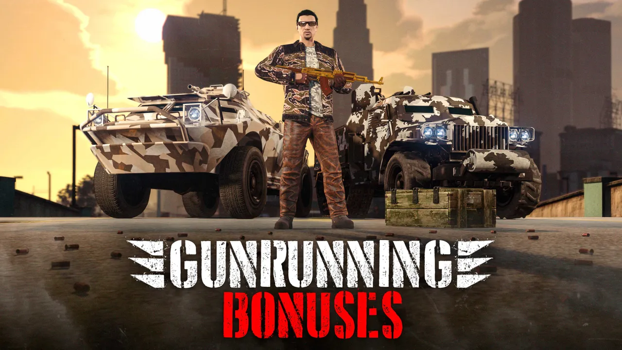 GTA Onlineの「GUNRUNNING BONUSES」の公式キーアート。夕暮れの屋上で、迷彩の装甲車2台の間にライフルを持った人物が立っている