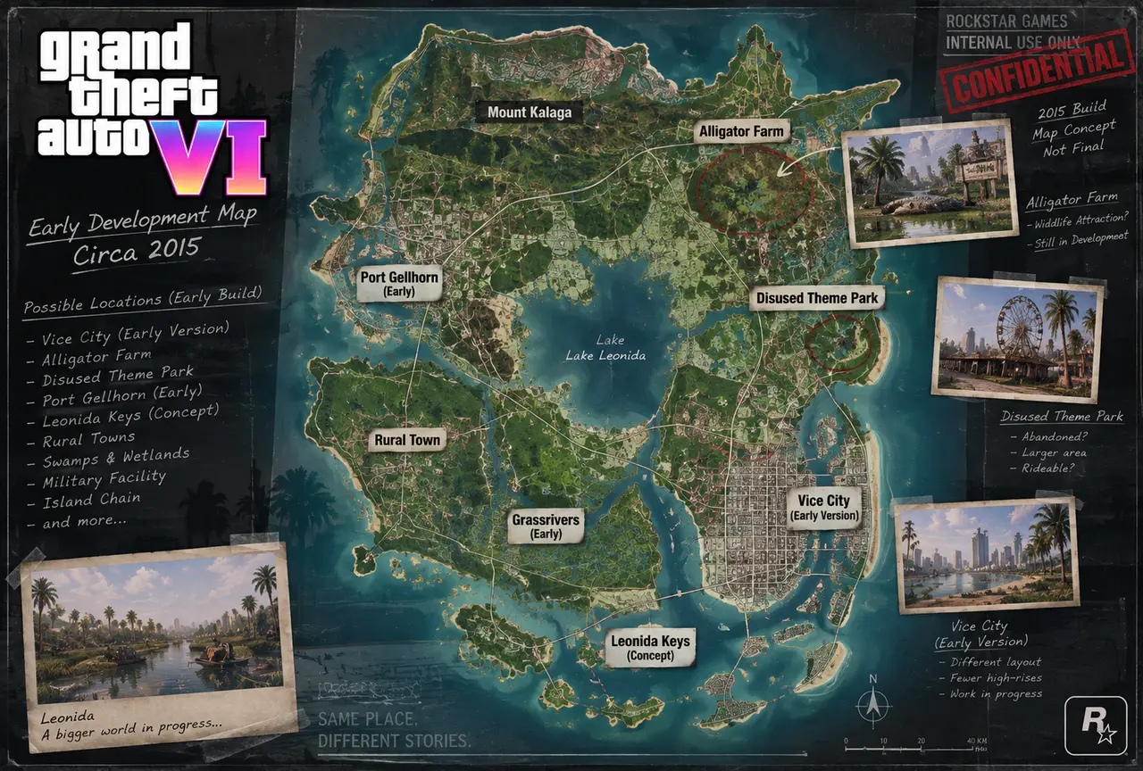 「Early Development Map Circa 2015」と題されたGTA6の初期マップのイメージ図。Vice City（Early Version）、Alligator Farm、Disused Theme Park、Port Gellhorn（Early）、Grassrivers（Early）、Leonida Keys（Concept）、Mount Kalagaなどのロケーション名が書き込まれている