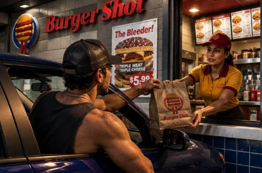 Burger Shotのドライブスルー窓口で、車に乗ったまま店員から紙袋を受け取る男性。窓の横には新商品のポスターが貼られている