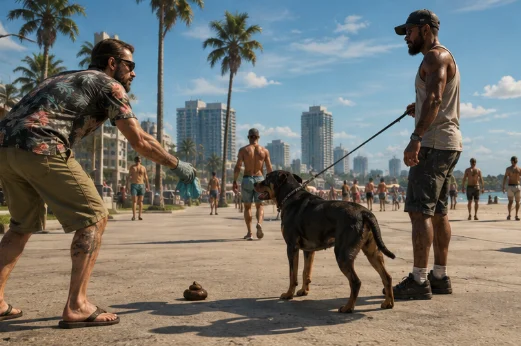 ビーチ沿いの遊歩道で、犬を連れたNPCと、その足元に落ちた袋を拾おうと手を伸ばすアロハシャツの男