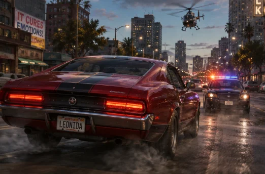 夜のLeonidaの大通りを逃走する赤いマッスルカー。後方からパトカーが追い、上空にはヘリコプターが飛んでいる