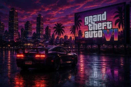 夕暮れの街並みを背景に「Grand Theft Auto VI」の巨大な広告看板が立ち、濡れた路面にスポーツカーが停まっているイメージ