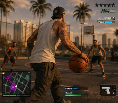 A character playing on an outdoor basketball court, with wanted stars, cash, a LEVEL readout, FOCUS, stamina and health gauges around the edges of the screen