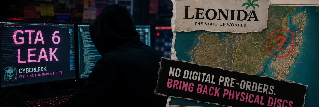 A hooded figure at a bank of monitors beside the words "GTA 6 LEAK," "CYBERLEEK FIGHTING FOR GAMER RIGHTS," and the demand "NO DIGITAL PRE-ORDERS. BRING BACK PHYSICAL DISCS"