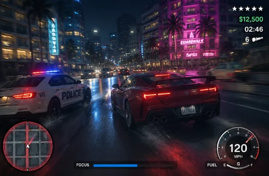 A car pursued by a police car on a night street, with wanted stars, cash, a FOCUS gauge and a fuel meter arranged around the edges of the screen