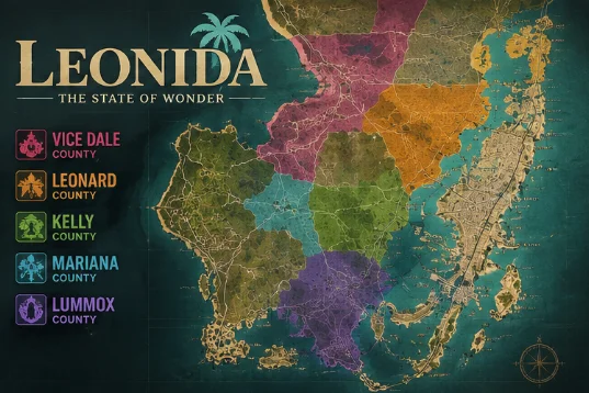 A map dividing a state into color-coded regions with several County names listed — an AI-generated image depicting a fictional state called Leonida