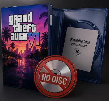 An opened game case with no disc inside — only a card reading "DOWNLOAD CODE / NO DISC INCLUDED"