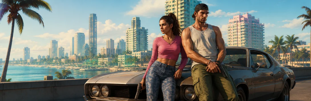 Two people standing in front of a car with a beach and skyline at dusk behind them — an AI-generated image evoking the atmosphere of GTA6's setting, Leonida