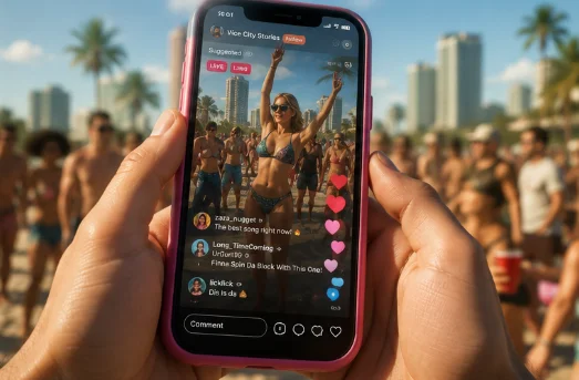 ビーチで掲げられたスマートフォンに、ライブ配信とコメント欄のような画面が表示されているイメージ