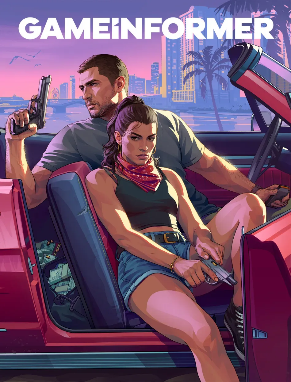 Game Informer Issue 382の表紙。ピンクのオープンカーに座るルシアと、その後ろで拳銃を構えるジェイソンが描かれ、背景にはヤシの木と夕暮れのVice Cityの街並みが広がっている