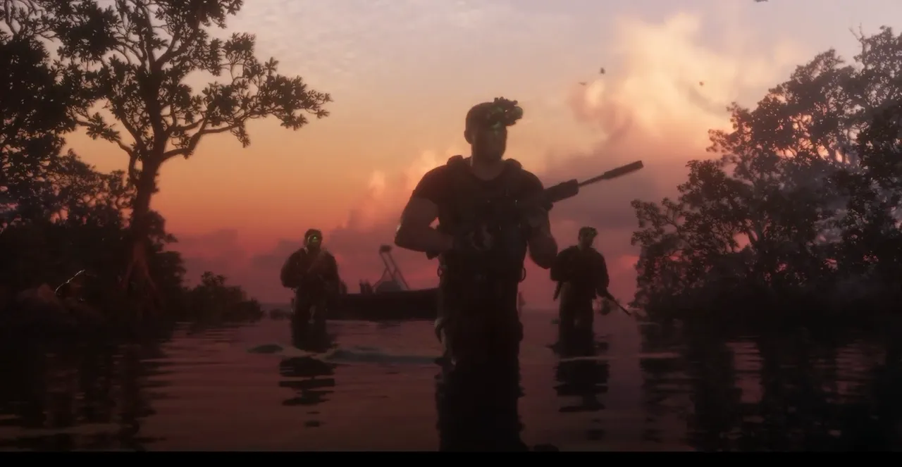 夕焼けの湿地帯で、銃を手にした武装した人物たちが腰まで水に浸かりながら進んでいる（ローンチトレーラーより）