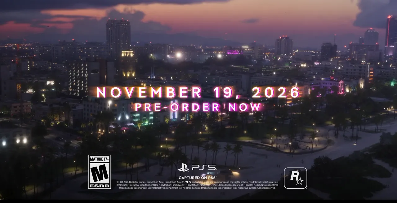 夜のVice Cityを見下ろす風景に「NOVEMBER 19, 2026」「PRE-ORDER NOW」の文字。画面下には「CAPTURED ON PS5」の表記がある（ローンチトレーラーより）