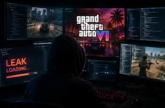 A hooded figure in a dark room surrounded by monitors showing GTA6 and a "LEAK LOADING..." display
