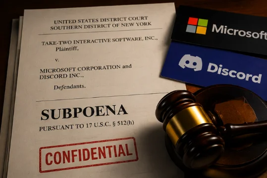 A court document reading "SUBPOENA" and "PURSUANT TO 17 U.S.C. § 512(h)" beside the Microsoft and Discord logos and a gavel