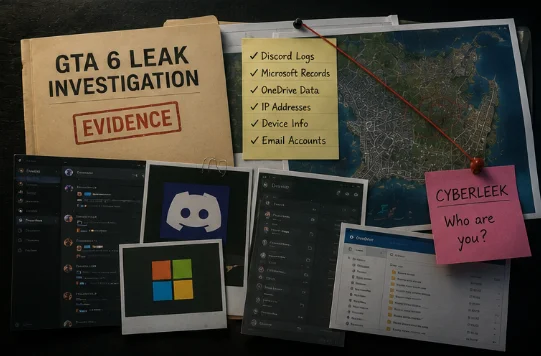 An evidence folder labeled "GTA 6 LEAK INVESTIGATION" beside a note listing Discord logs, Microsoft records, OneDrive data, IP addresses, device info and email accounts, and a sticky note reading "CYBERLEEK Who are you?"