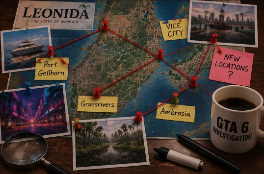 A desk with a map of Leonida pinned with notes reading Vice City, Port Gellhorn, Grassrivers and Ambrosia, beside a mug labeled "GTA 6 INVESTIGATION"