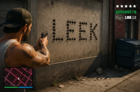 A character aiming a pistol in front of a wall where bullet holes spell "LEEK," with a wanted-level star display and cash counter in the corner