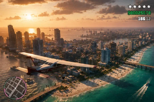A light aircraft flying over a large coastal city at dusk, in the style of a game screenshot