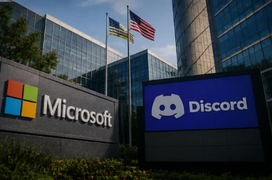 Microsoft and Discord signage standing in front of an office building