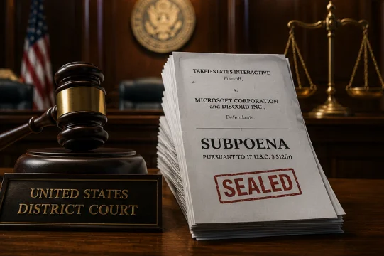 A thick stack of documents marked "SUBPOENA" set beside a gavel and scales, with a federal courtroom behind