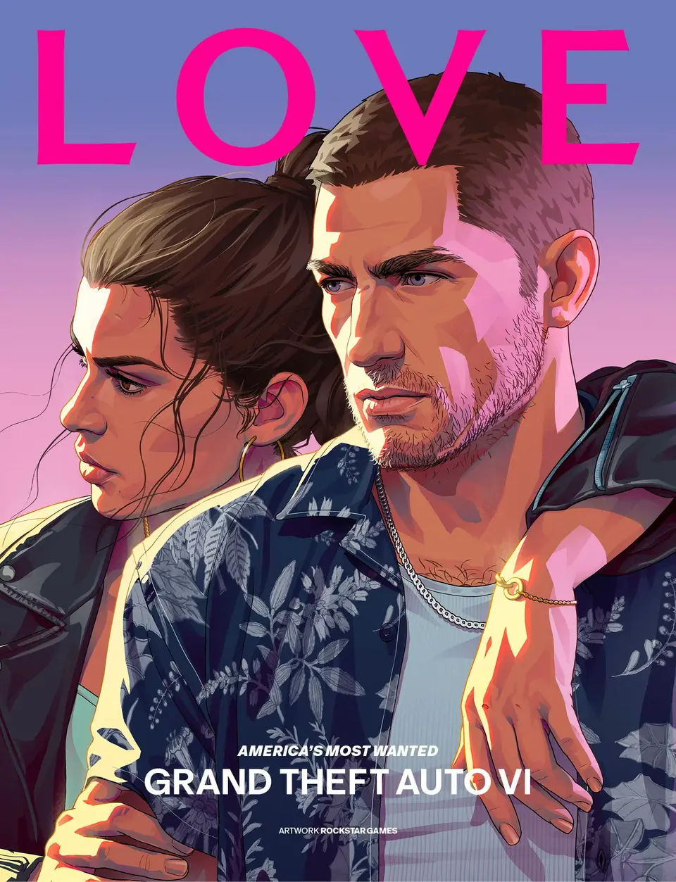 『LOVE』Issue 27の表紙。ピンクの「LOVE」ロゴの下で、花柄シャツのジェイソンにルシアが寄り添うイラストが描かれ、「AMERICA'S MOST WANTED」「GRAND THEFT AUTO VI」と書かれている