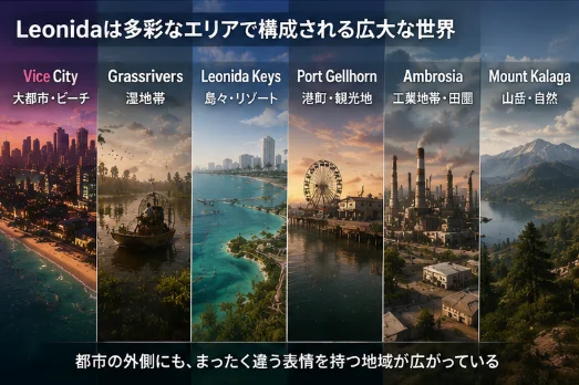 「Leonidaは多彩なエリアで構成される広大な世界」と題した図。Vice City（大都市・ビーチ）、Grassrivers（湿地帯）、Leonida Keys（島々・リゾート）、Port Gellhorn（港町・観光地）、Ambrosia（工業地帯・田園）、Mount Kalaga（山岳・自然）の6地域を縦に並べている