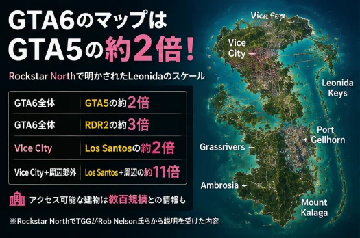 GTA6のマップはGTA5の約2倍と示した図。GTA6全体はGTA5の約2倍・RDR2の約3倍、Vice CityはLos Santosの約2倍、Vice City＋周辺郊外はLos Santos＋周辺の約11倍という比較表と、Vice City・Grassrivers・Leonida Keys・Port Gellhorn・Ambrosia・Mount Kalagaを書き込んだLeonidaの地図