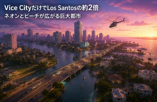 「Vice CityだけでLos Santosの約2倍」と題した図。夕暮れのVice Cityを空から見た風景で、湾を渡る高速道路と高層ビル群、上空を飛ぶヘリコプターが写っている