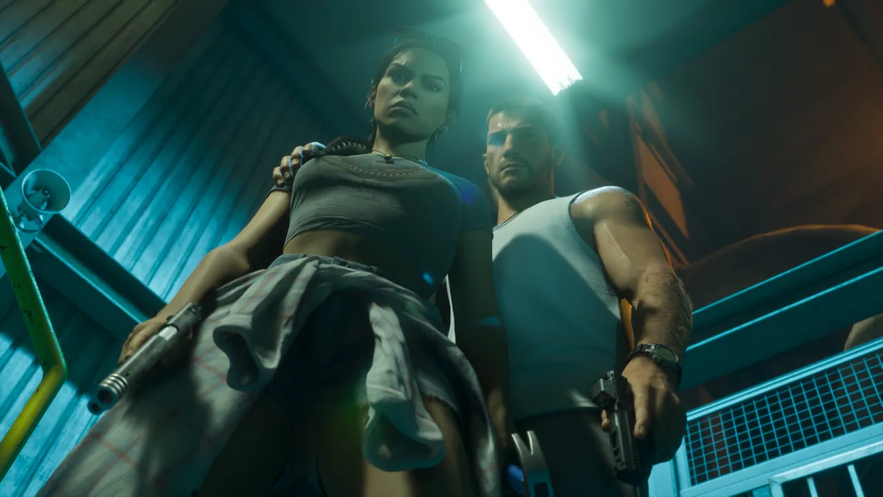 蛍光灯の下、ローアングルで見上げるように捉えられたLuciaとJason。2人ともそれぞれ拳銃を手にしている