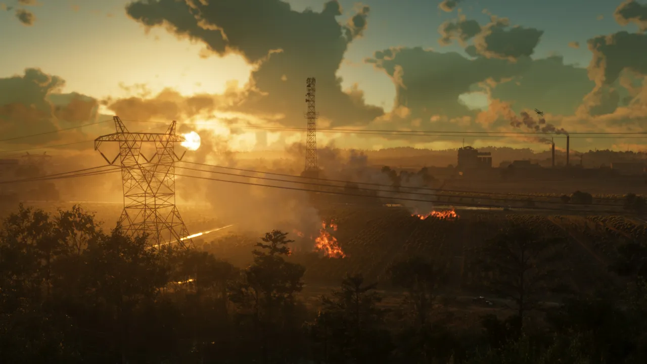夕日に照らされた郊外の畑。送電線の鉄塔が立ち、あちこちで火と煙が上がっている。遠くには工場の煙突が見える