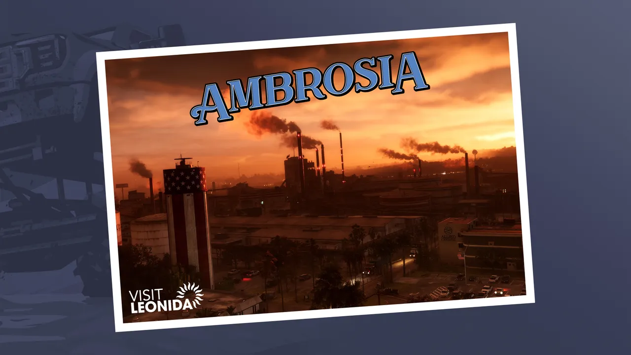「AMBROSIA」の文字と、煙を上げる工場の煙突が並ぶ夕景を描いた、「VISIT LEONIDA」のロゴ入りポストカード風の公式アートワーク