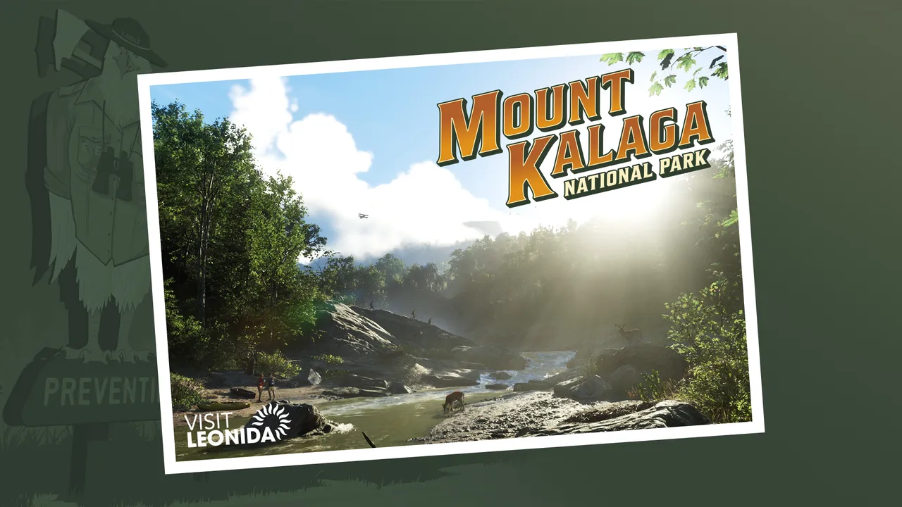 「MOUNT KALAGA NATIONAL PARK」と書かれたVISIT LEONIDAのポストカード風の公式アートワーク。渓流のそばで鹿が水を飲み、奥の森に霧がかかっている