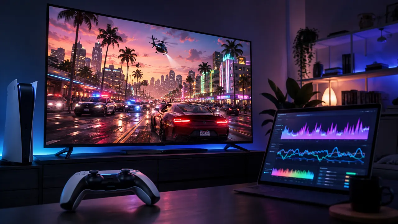 PS5本体と大型テレビが置かれたリビングのイメージ。テレビにはGTA6らしい夜のVice Cityが映り、机の上にはコントローラーとパフォーマンス解析のグラフを表示したノートPCが並んでいる