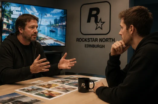 Rockstar Northのロゴが掲げられた部屋で、テーブルにGTA6のスクリーンショットを並べながら身振りを交えて話すRob Nelson氏と、それを聞く取材者
