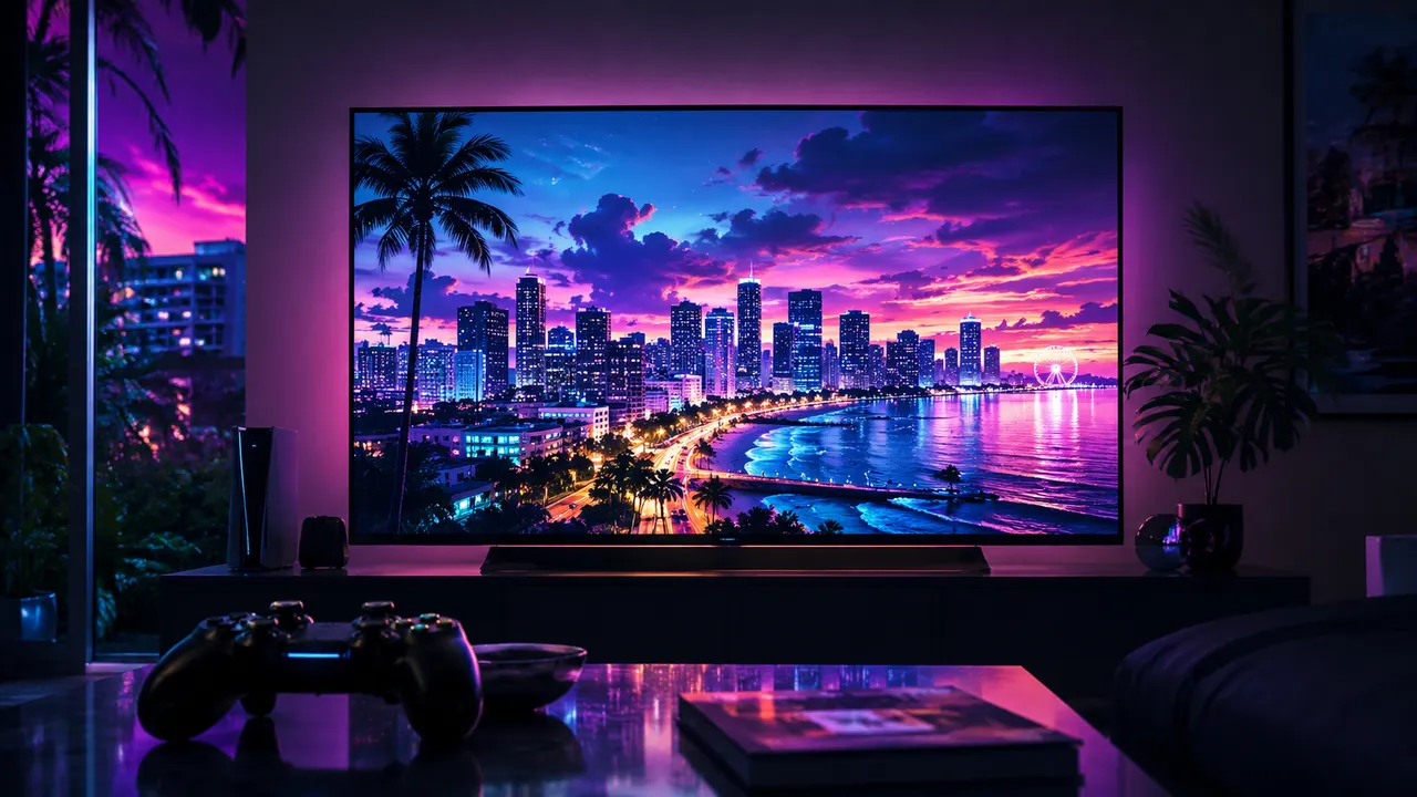 夜のリビングで大型テレビにネオンに彩られた海沿いの街並みが映り、手前のテーブルにゲームコントローラーが置かれているイメージ