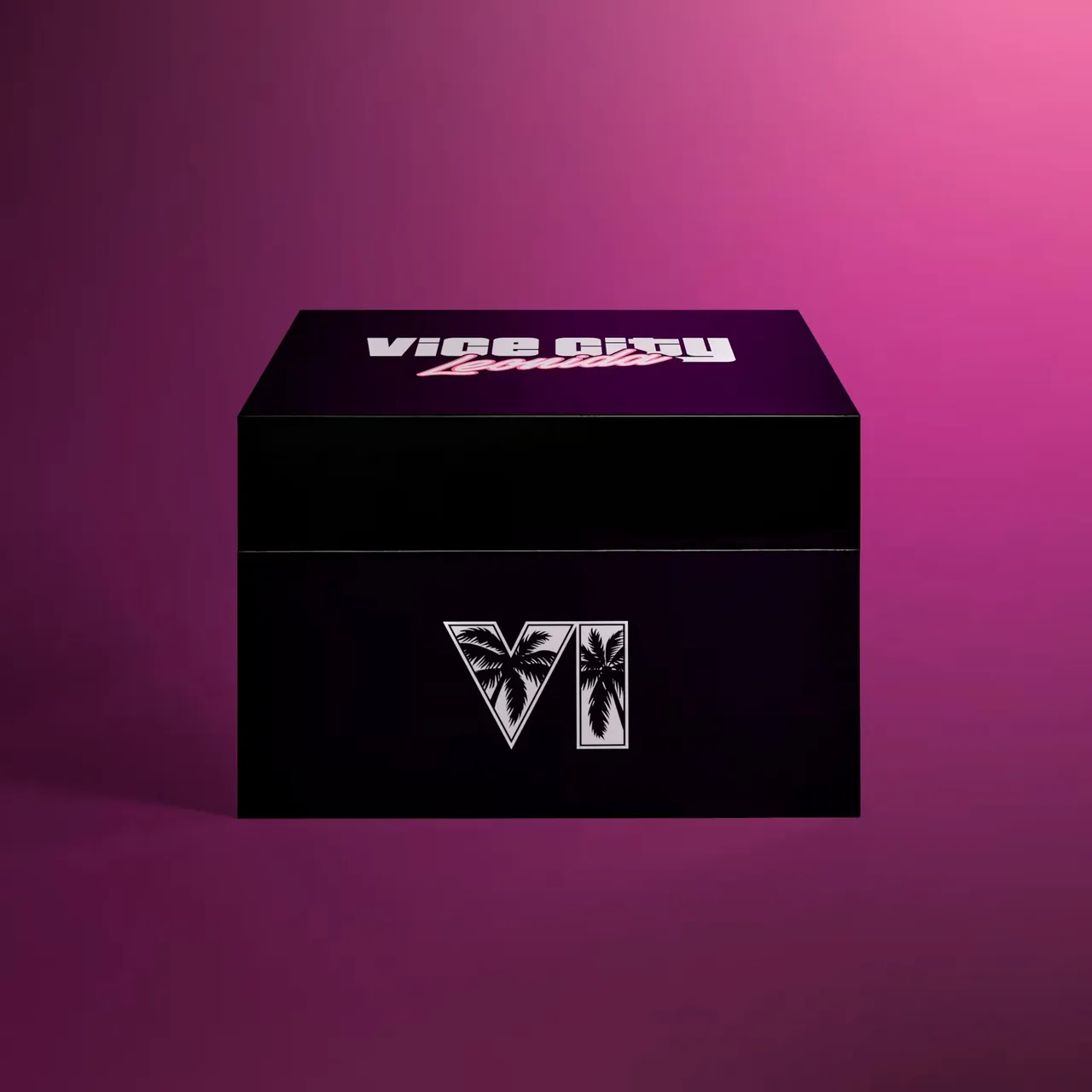 Vice City Collectionの外箱の公式画像。光沢のある黒い箱で、フタに「VICE CITY Leonida」、正面にヤシの木があしらわれた「VI」のロゴが入っている