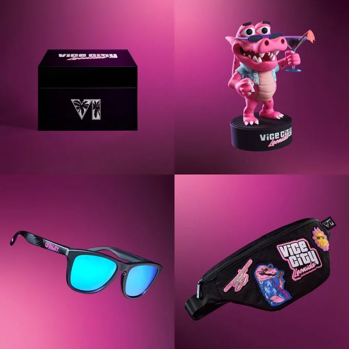 Vice City Collectionの主な収録物を4分割で並べた公式画像。左上が黒い外箱、右上がMacca the Gatorのフィギュア、左下が青いミラーレンズのOakleyサングラス、右下がワッペンの付いた黒いクロスボディバッグ