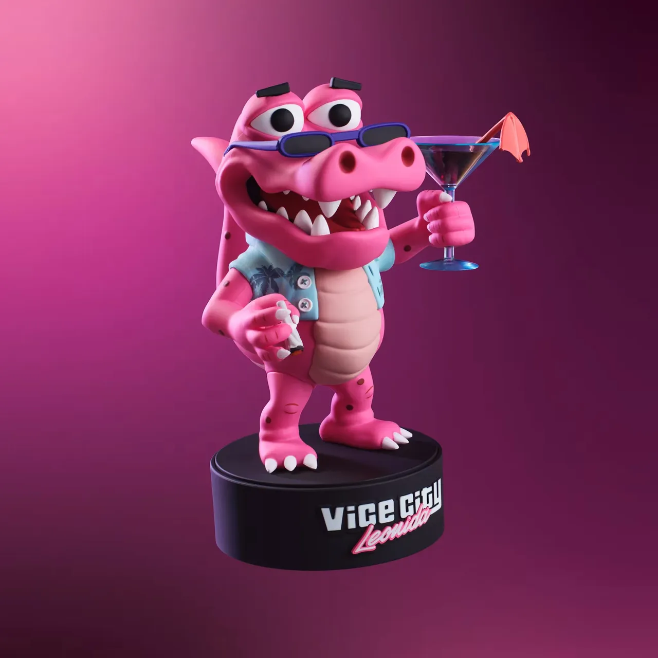 Macca the Gatorのフィギュアの公式画像。サングラスを頭に載せたピンクのワニがアロハシャツを着て、片手にカクテルグラス、もう片方の手にタバコを持っている。黒い台座には「VICE CITY Leonida」のロゴが入る