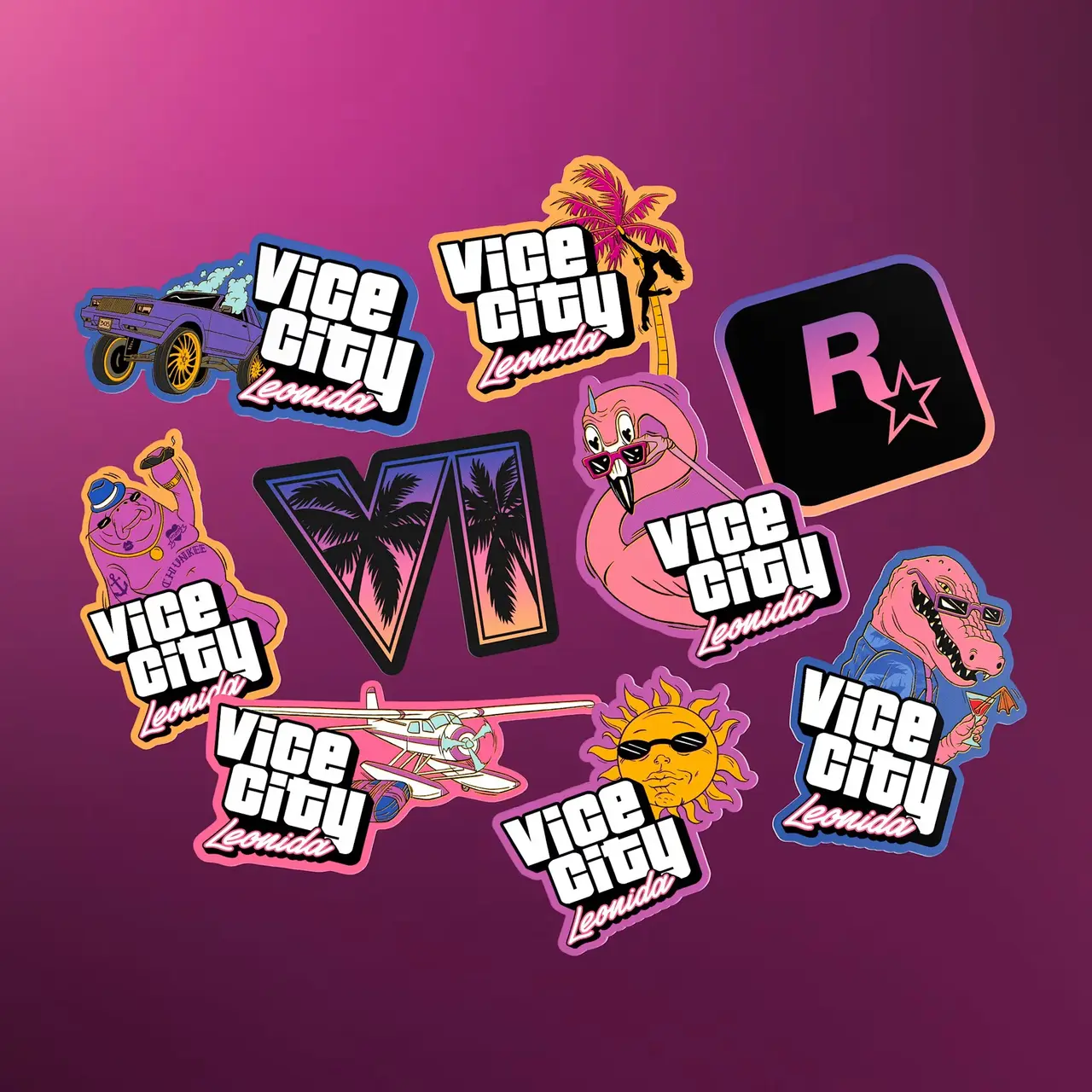 Vice City Collectionに付属するステッカーの公式画像。「VICE CITY Leonida」のロゴに、紫の車、ヤシの木、フラミンゴ、Chunkee、Macca、水上機、サングラスをかけた太陽、ヤシの木柄の「VI」、Rockstarのロゴを組み合わせた9枚が並ぶ